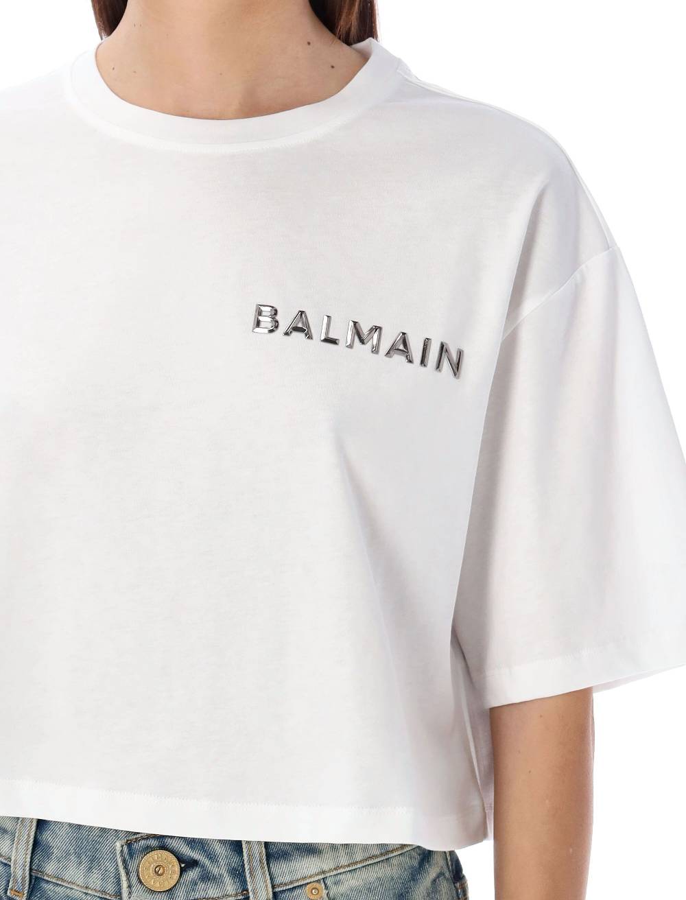 BALMAIN  T-Shirt Corta Balmain con Logo Argento - Cotone Biologico Shopping Online