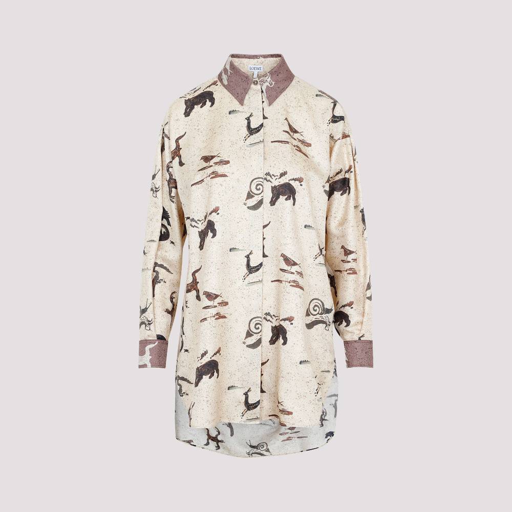 LOEWE  Camicia Oversize da Donna Loewe in Seta Beige con Stampa Animalier Sottocosto