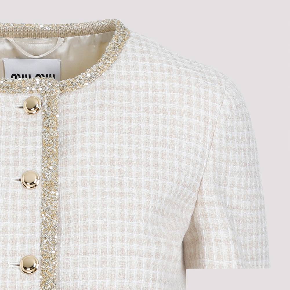 MIU MIU  Giacca in Lana Vergine Pied de Poule Avorio MIU MIU con Bordo di Paillettes Italy