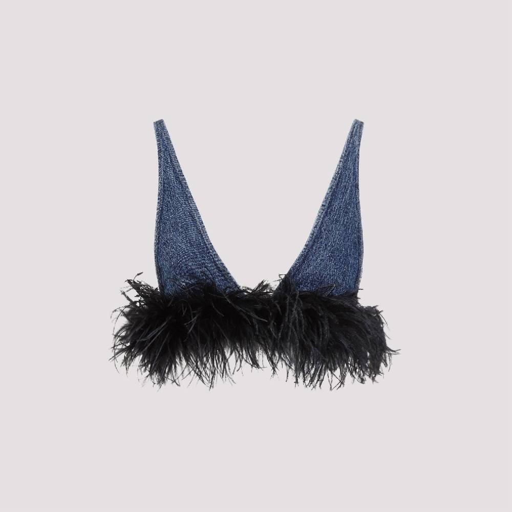 MIU MIU  Top di Cotone Blu con Piume Miu Miu Nuovo