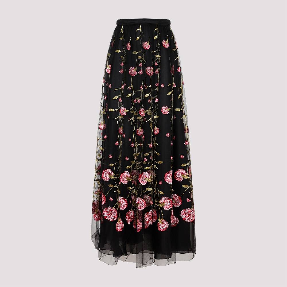 GIAMBATTISTA VALLI  Gonna Midi in Tulle Nero Ricamato con Rose di Giambattista Valli Italy