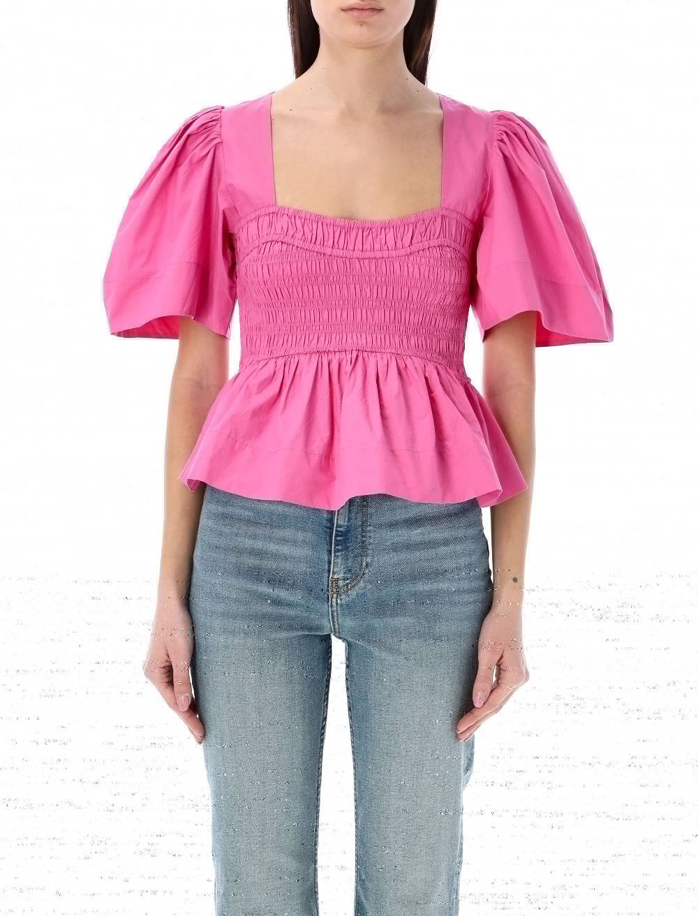 GANNI  Blusa in Cotone con Maniche a Palloncino e Peplo GANNI