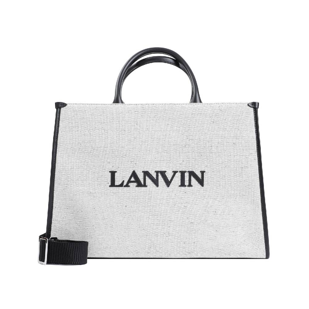 LANVIN Borsa Shopper Lanvin in Cotone e Lino Grigio con Rifiniture in Pelle