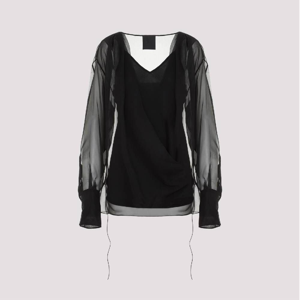 GIVENCHY  Camicia Nera in Seta Drappeggiata Givenchy con Lacci Laterali Sconto