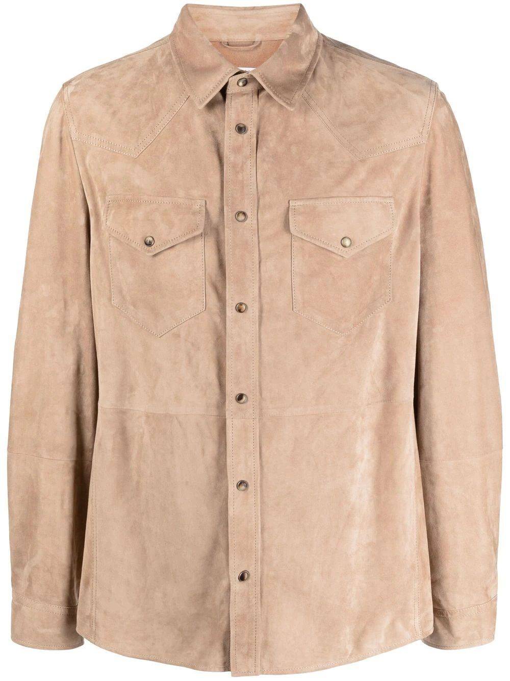 BRUNELLO CUCINELLI  Camicia Uomo Beige Brunello Cucinelli in Pelle con Chiusura a Pressione Offerta Anniversario