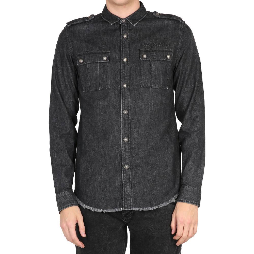 BALMAIN  Camicia Denim Nera Balmain da Uomo - 100% Cotone con Frange Liquidazione