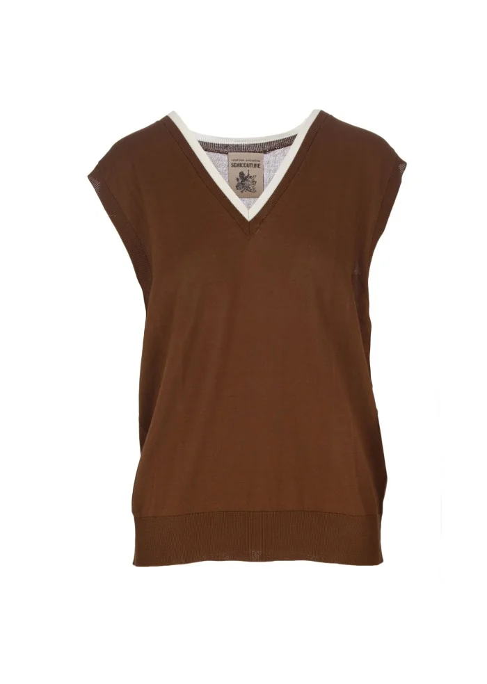 SEMICOUTURE |GILET SCOLLO A V MARRONE Pezzi Unici