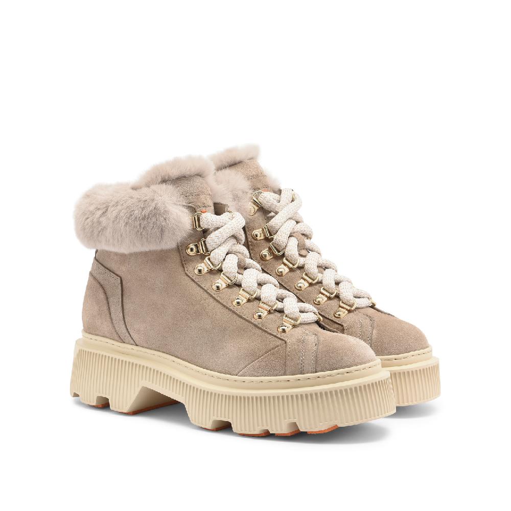 Santoni Scarponcino da montagna con pelliccia da donna in suede tortora Shopping Online