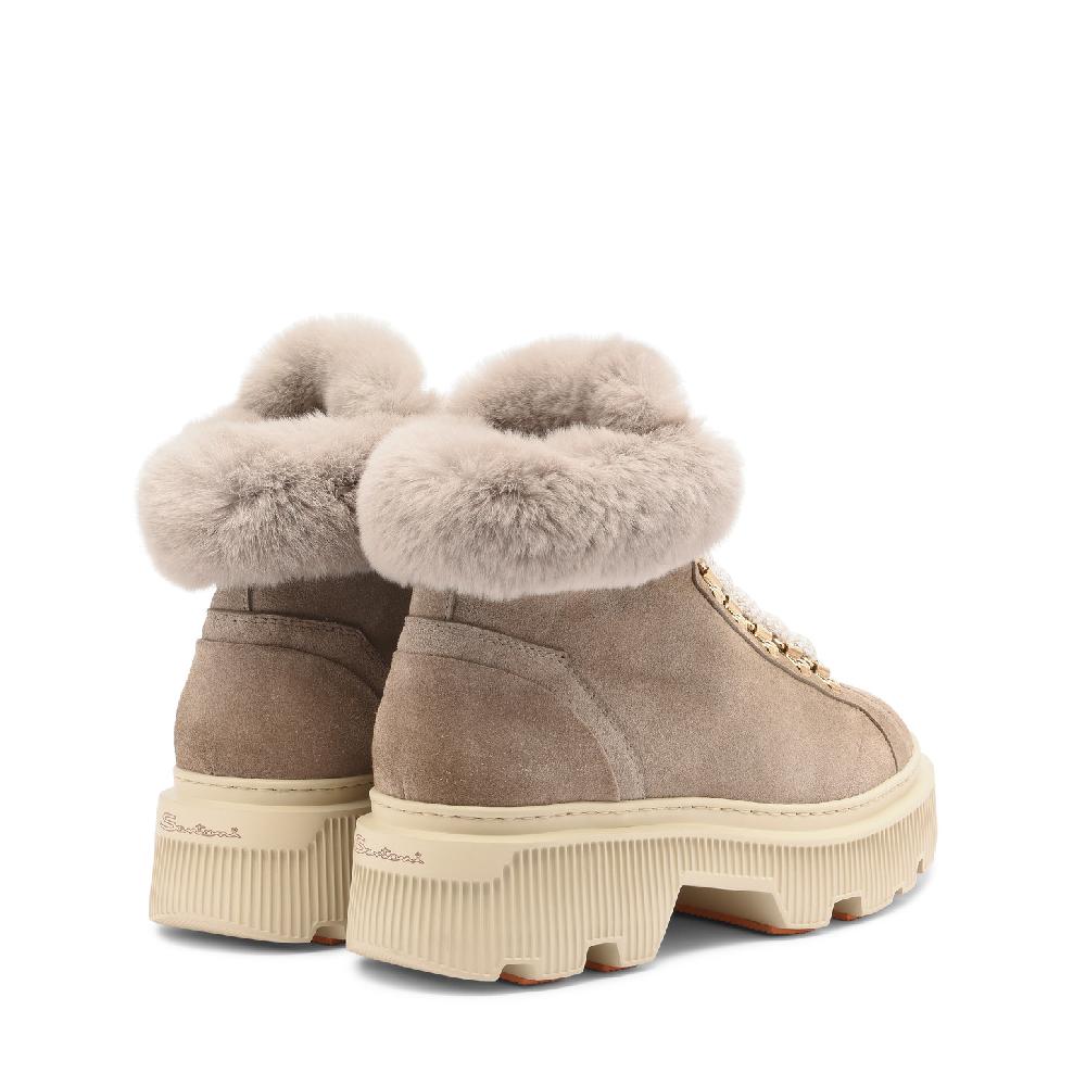 Santoni Scarponcino da montagna con pelliccia da donna in suede tortora Shopping Online