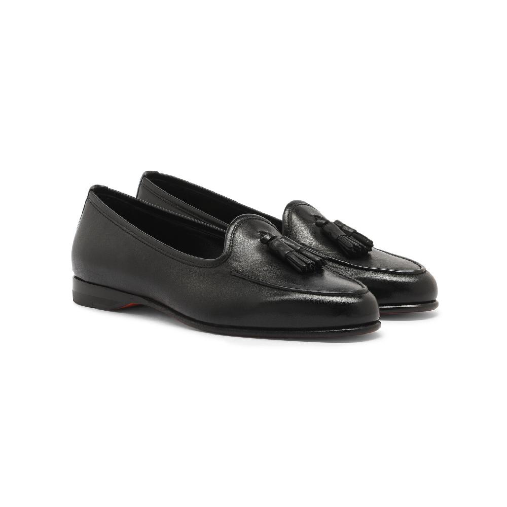Santoni Mocassino Andrea con nappe da donna in pelle nera Nuova