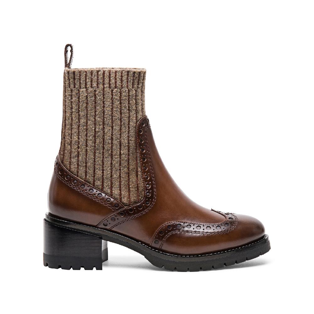 Santoni Stivaletto tacco basso brogue con calzino da donna in pelle marrone