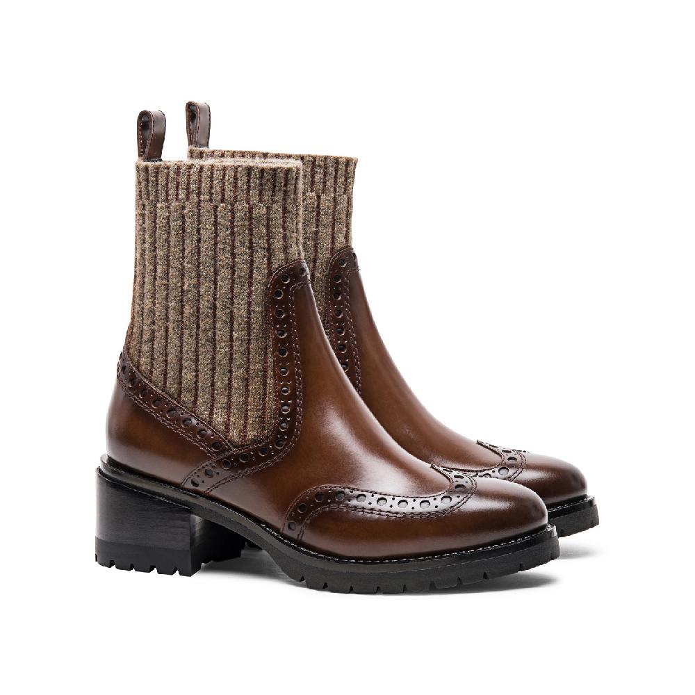 Santoni Stivaletto tacco basso brogue con calzino da donna in pelle marrone Shopping Online