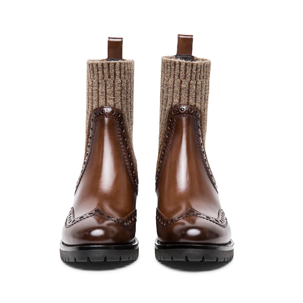 Santoni Stivaletto tacco basso brogue con calzino da donna in pelle marrone Shopping Online