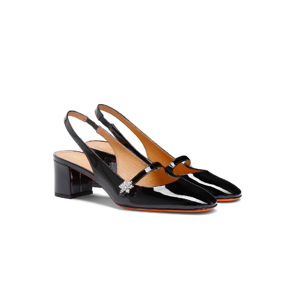 Santoni Slingback tacco basso da donna in vernice nera Prezzo Ridotto