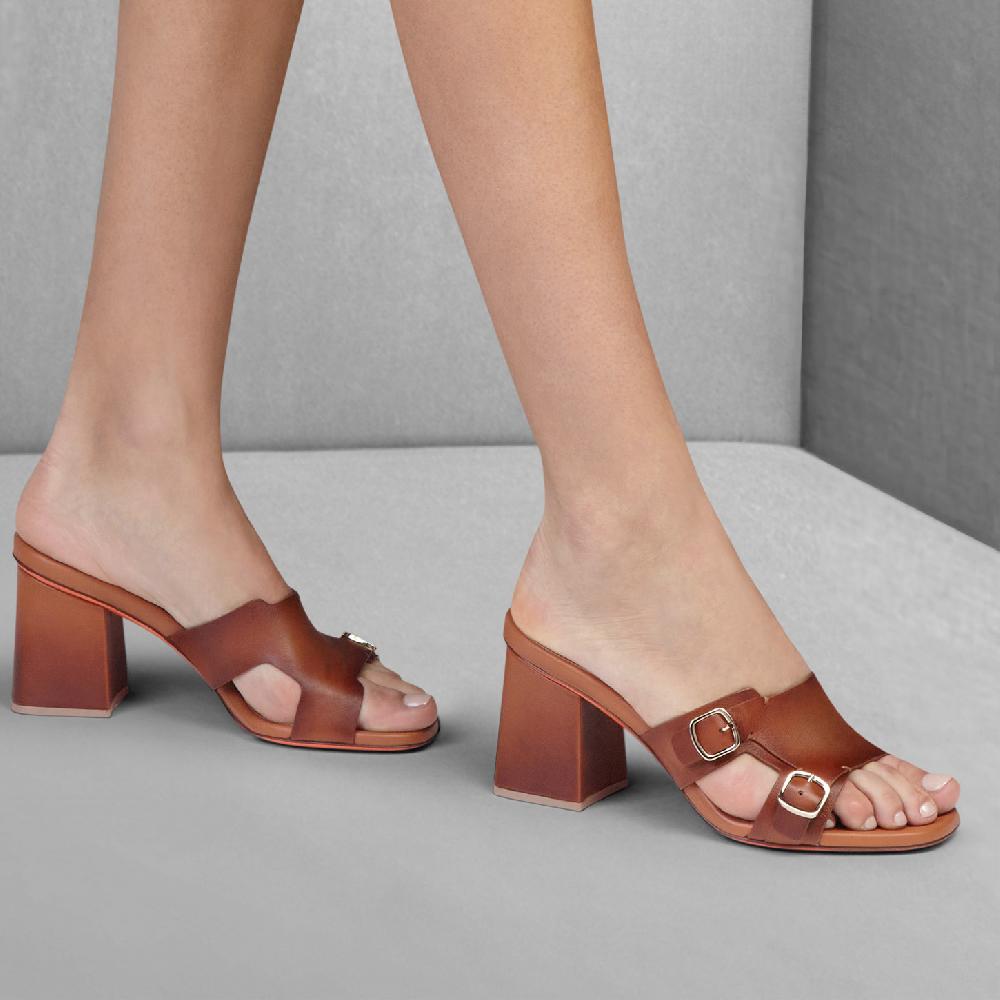 Santoni Sandalo doppia fibbia tacco medio da donna in pelle marrone Presa