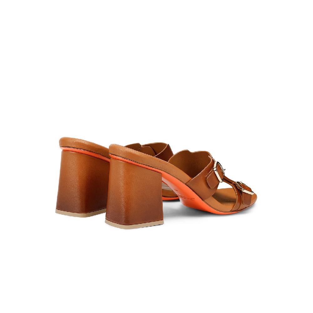 Santoni Sandalo doppia fibbia tacco medio da donna in pelle marrone Presa