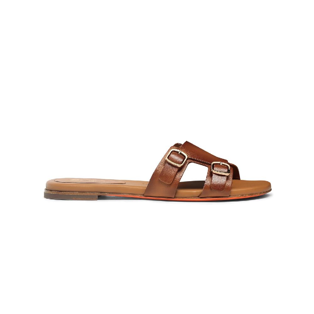 Santoni Sandalo slide Didi con doppia fibbia da donna in pelle marrone