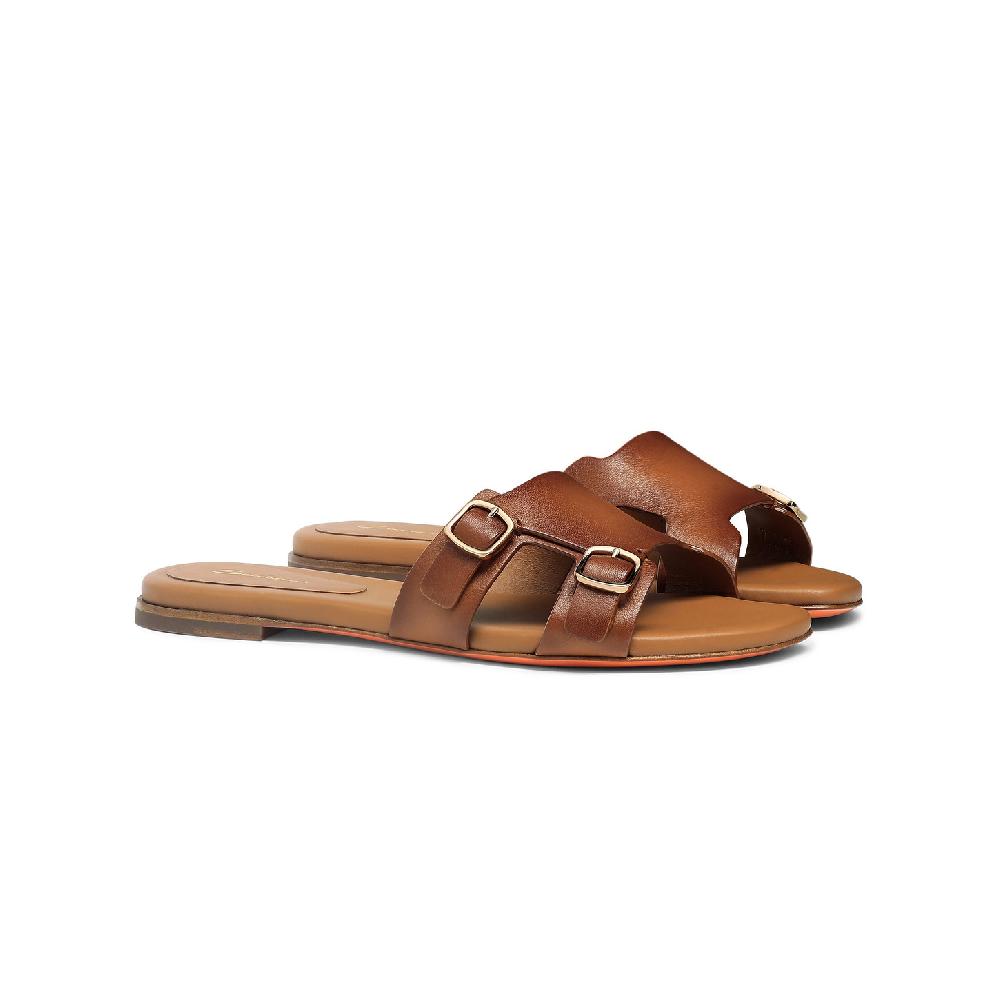 Santoni Sandalo slide Didi con doppia fibbia da donna in pelle marrone Economico