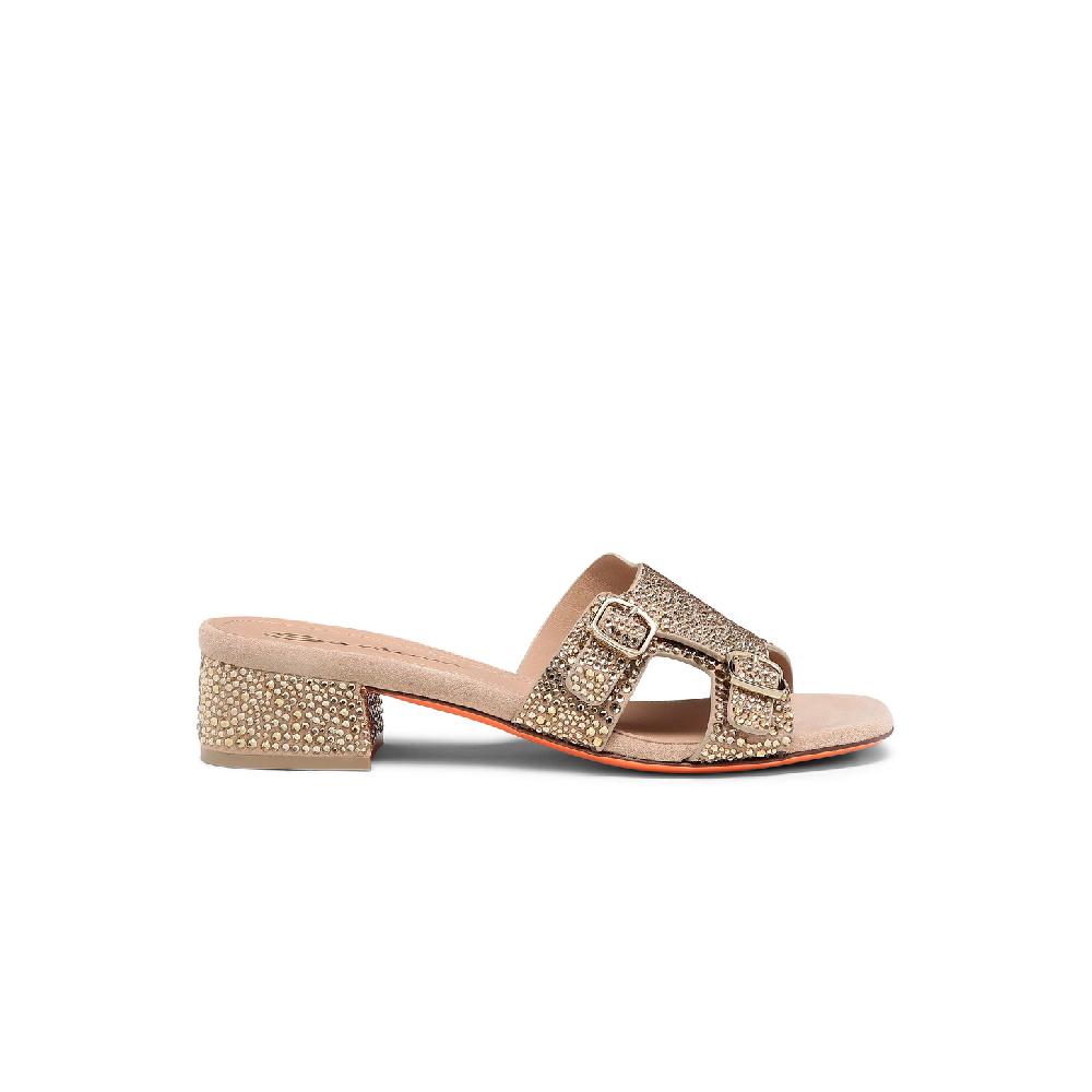 Santoni Sandalo Didi tacco basso da donna in suede e strass oro Negozi Online