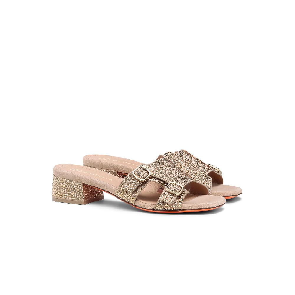 Santoni Sandalo Didi tacco basso da donna in suede e strass oro Negozi Online