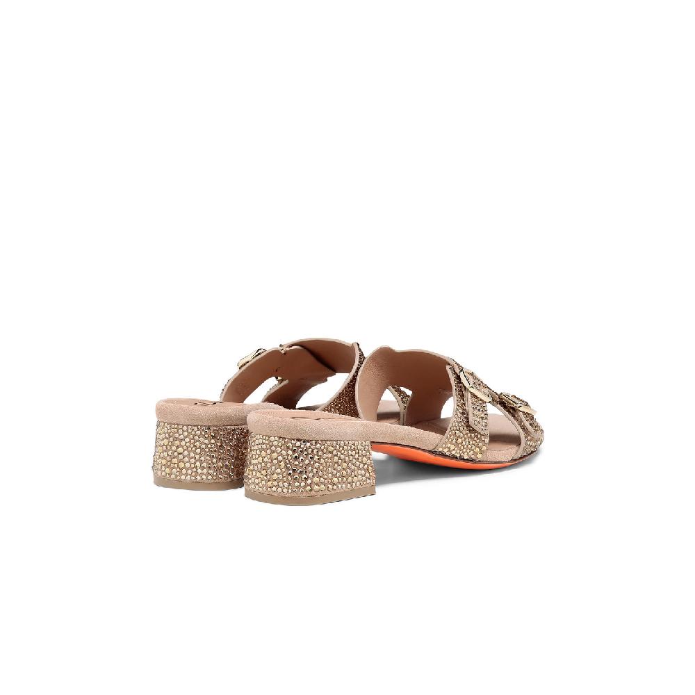Santoni Sandalo Didi tacco basso da donna in suede e strass oro Negozi Online