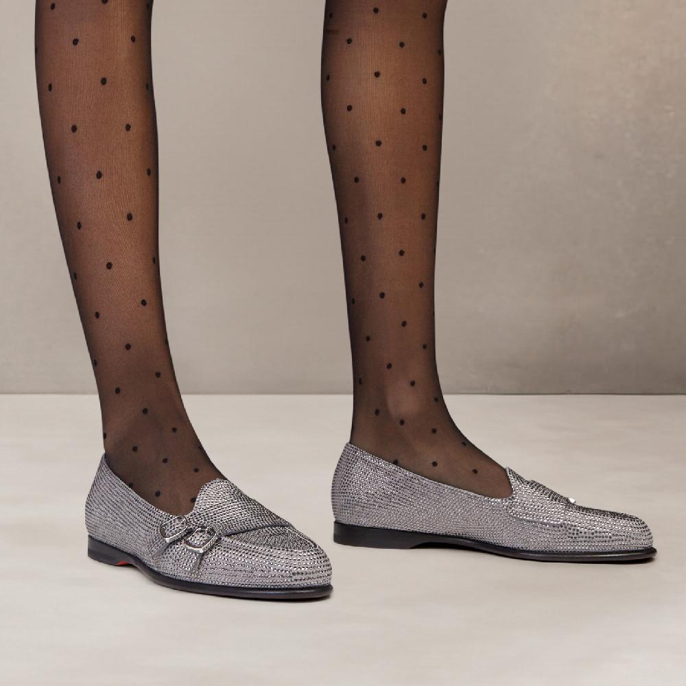 Santoni Mocassino Andrea doppia fibbia da donna in strass argento Presa