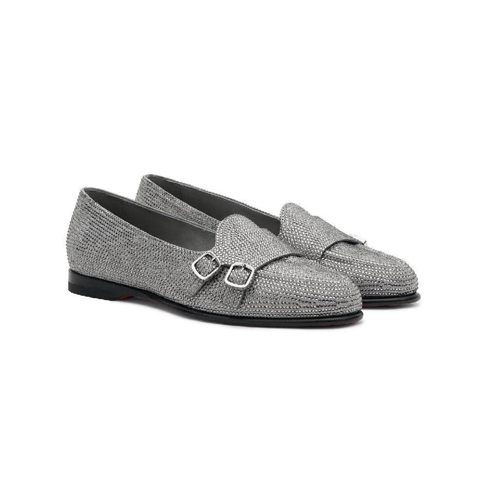 Santoni Mocassino Andrea doppia fibbia da donna in strass argento Presa