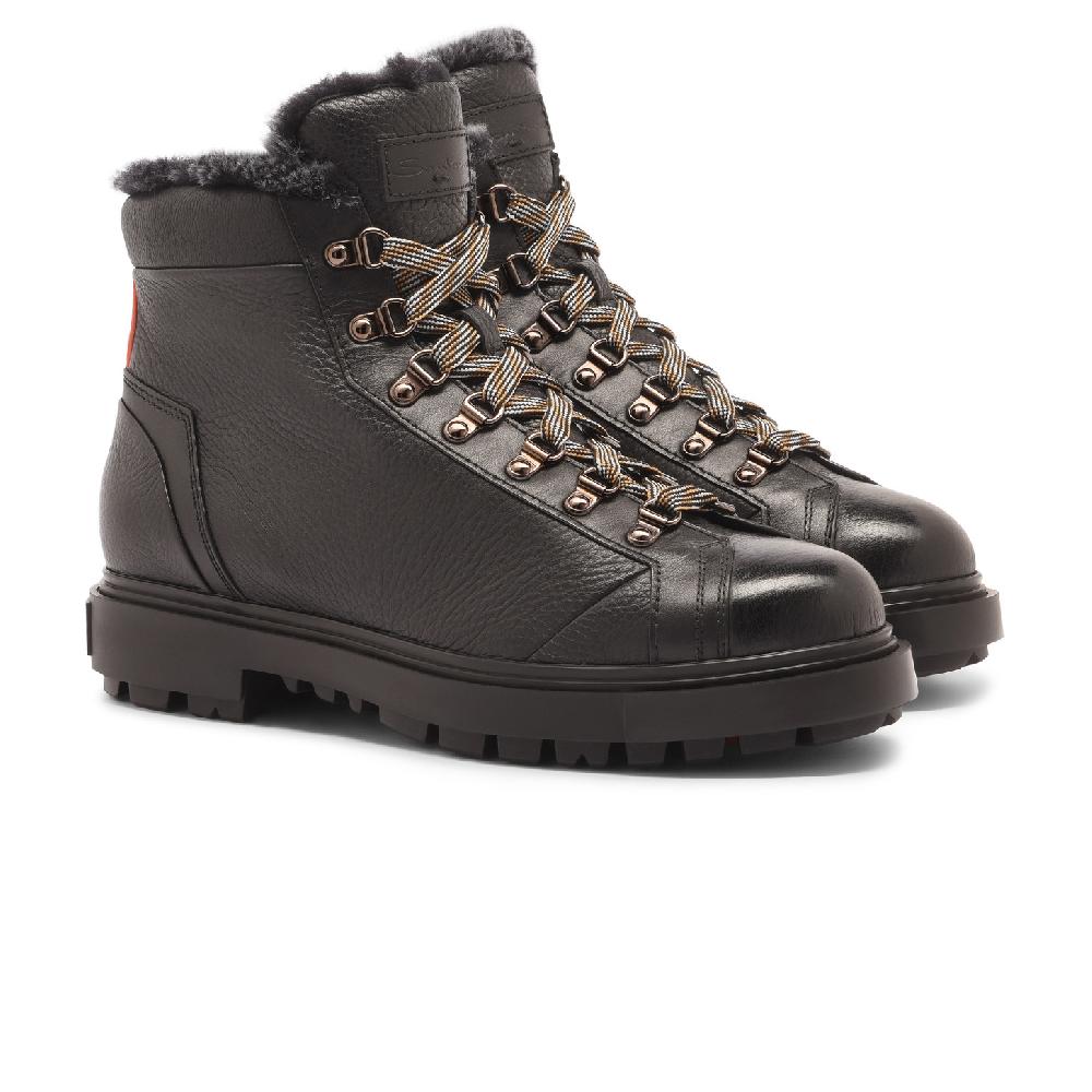 Santoni Scarponcino da montagna da uomo in pelle bottalata nera con pelliccia Italia