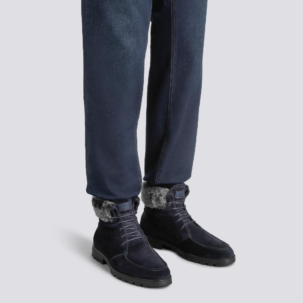 Santoni Stivaletto stringato con pelliccia da uomo in suede blu In Linea