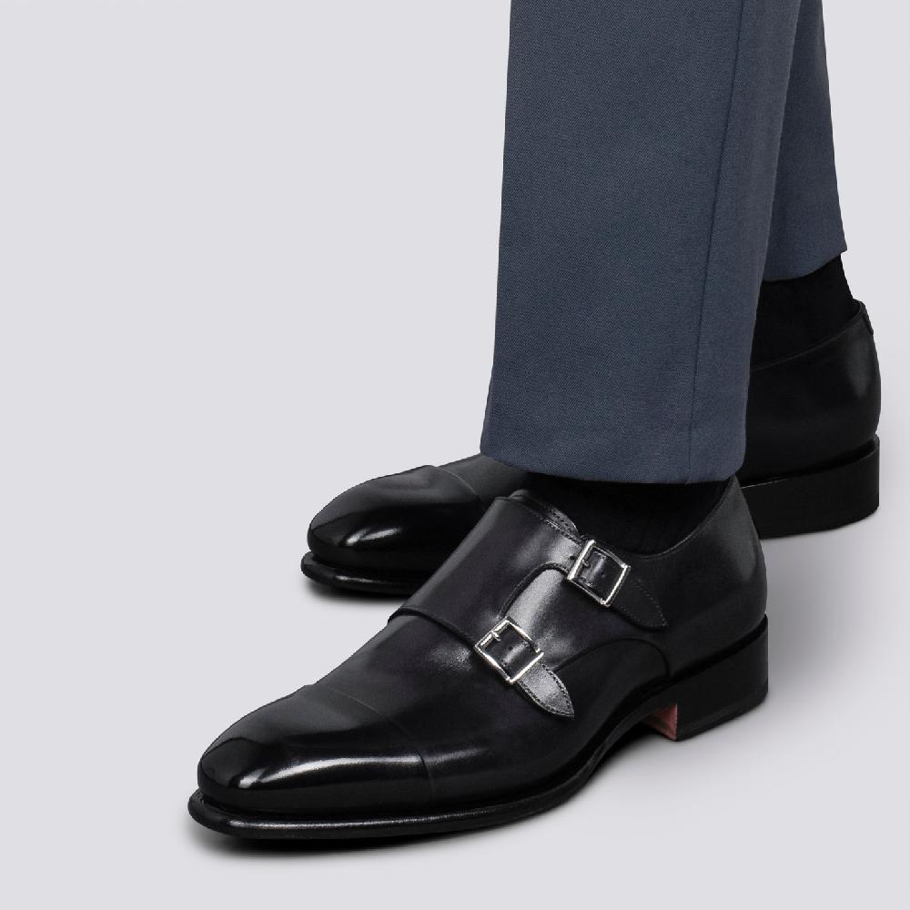 Santoni Doppia fibbia da uomo in pelle anticata blu Promozione