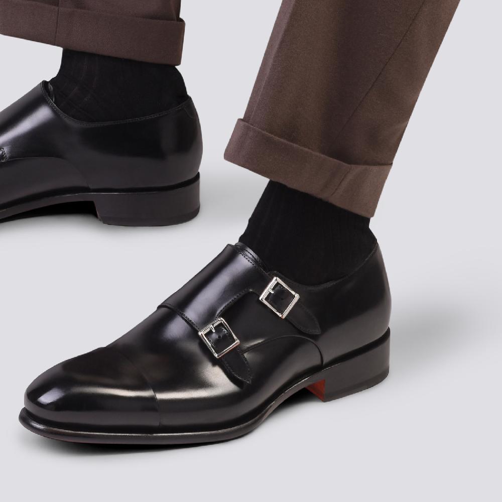 Santoni Doppia fibbia da uomo in pelle anticata nera Spedizione Gratuita