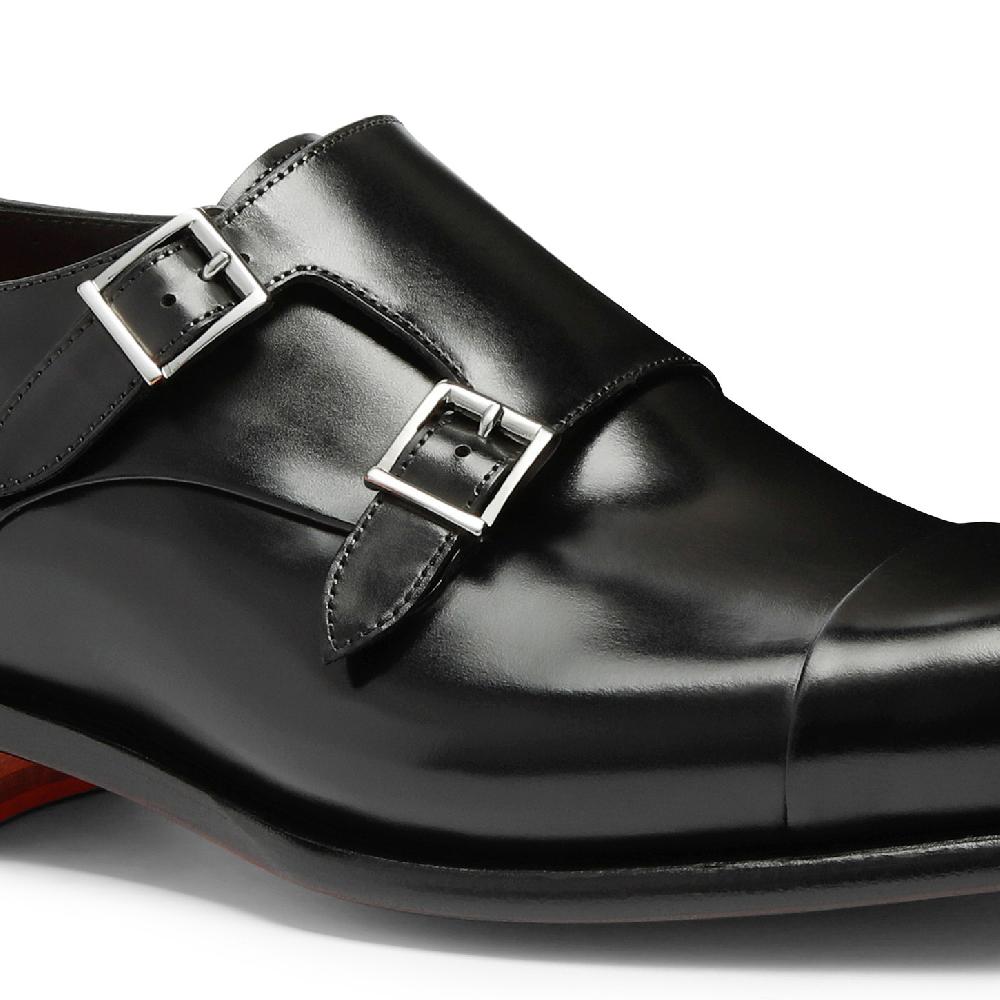 Santoni Doppia fibbia da uomo in pelle anticata nera Spedizione Gratuita