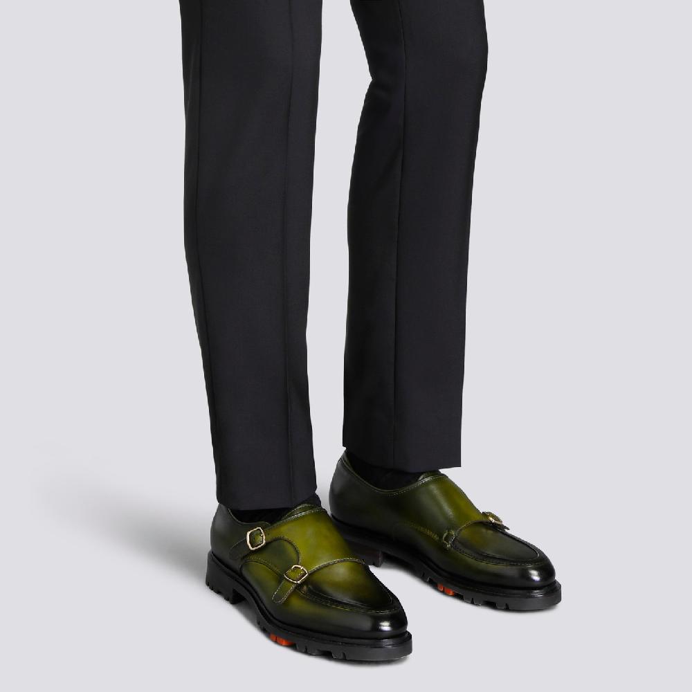 Santoni Doppia fibbia da uomo in pelle verde Soddisfazione Garantita