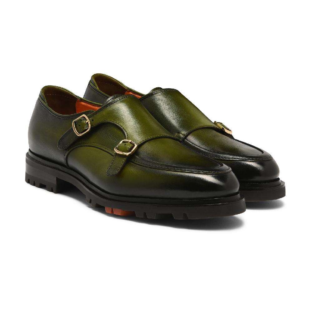 Santoni Doppia fibbia da uomo in pelle verde Soddisfazione Garantita