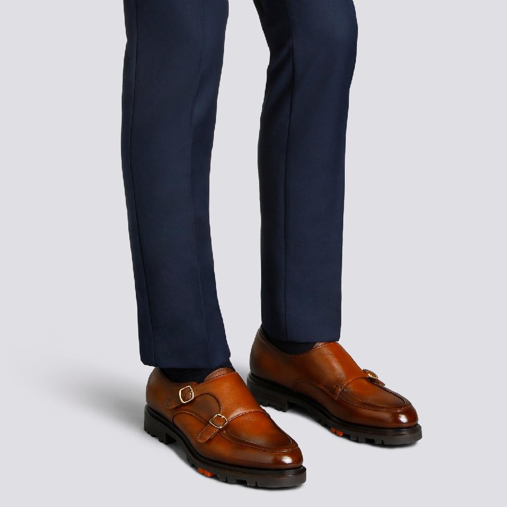 Santoni Doppia fibbia da uomo in pelle marrone Qualità Garantita
