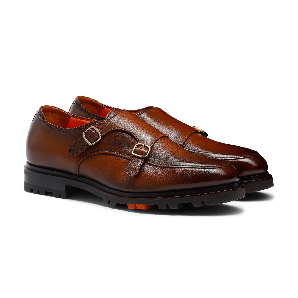 Santoni Doppia fibbia da uomo in pelle marrone Qualità Garantita