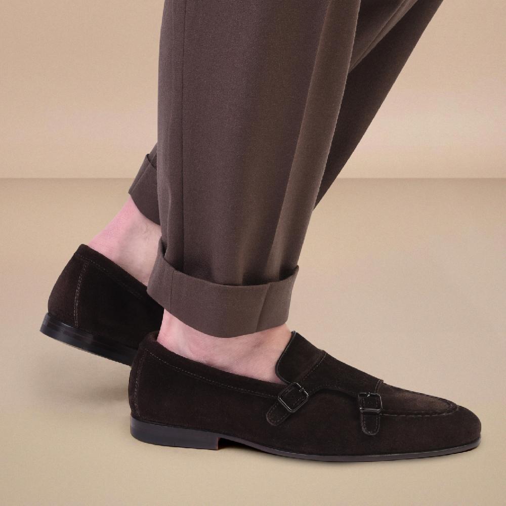 Santoni Mocassino doppia fibbia da uomo in suede testa di moro Vendita Economica