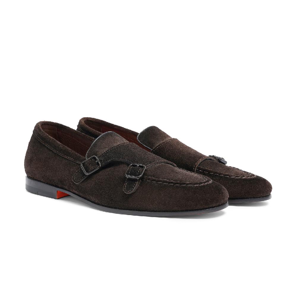 Santoni Mocassino doppia fibbia da uomo in suede testa di moro Vendita Economica