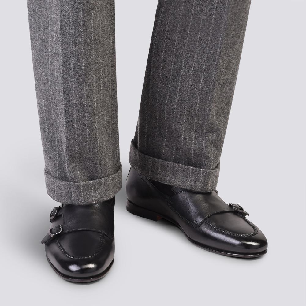 Santoni Mocassino con doppia fibbia da uomo in pelle anticata nera Saldi Di Fabbrica
