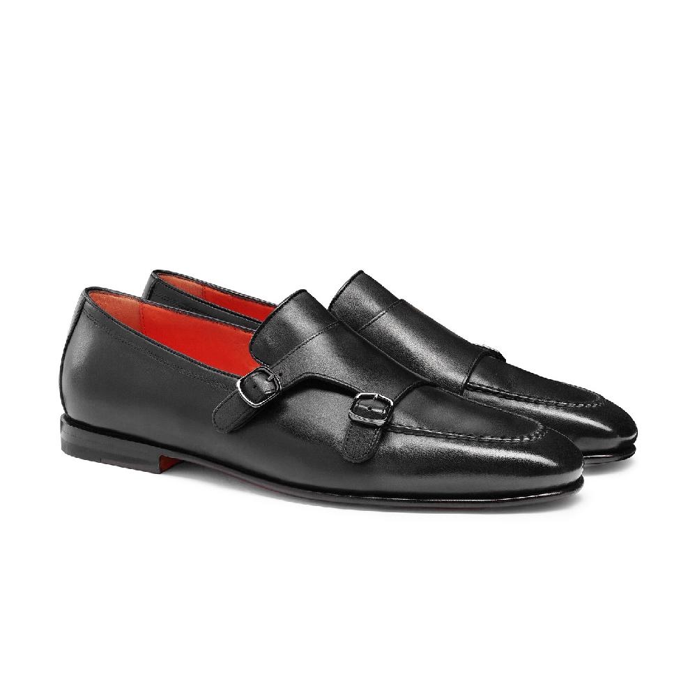 Santoni Mocassino con doppia fibbia da uomo in pelle anticata nera Saldi Di Fabbrica