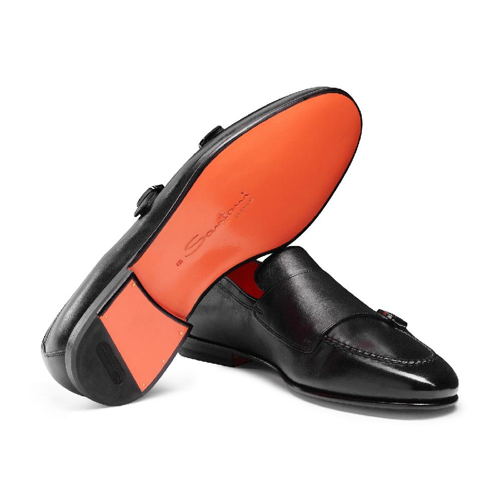 Santoni Mocassino con doppia fibbia da uomo in pelle anticata nera Saldi Di Fabbrica