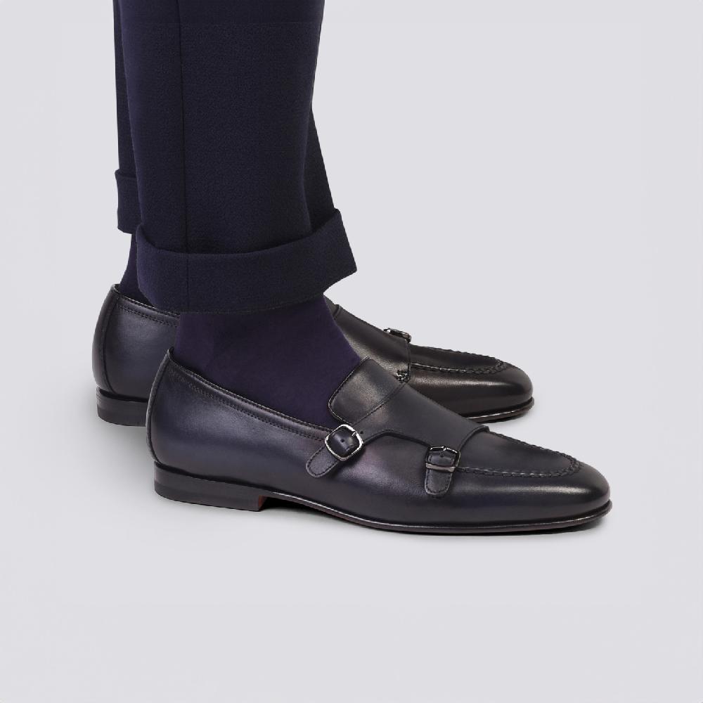 Santoni Mocassino con doppia fibbia da uomo in pelle anticata blu I Più Venduti