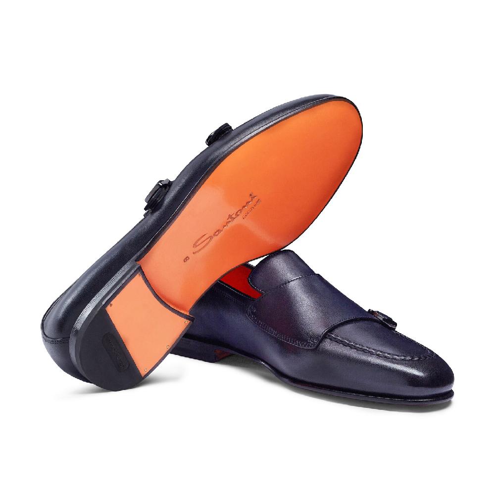 Santoni Mocassino con doppia fibbia da uomo in pelle anticata blu I Più Venduti