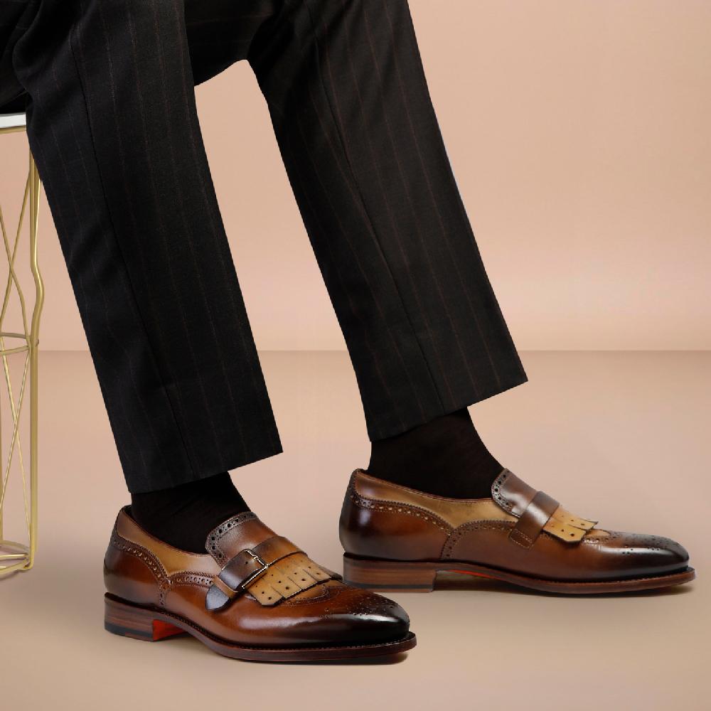 Santoni Mocassino mono fibbia con frangia da uomo in pelle marrone Nuovo