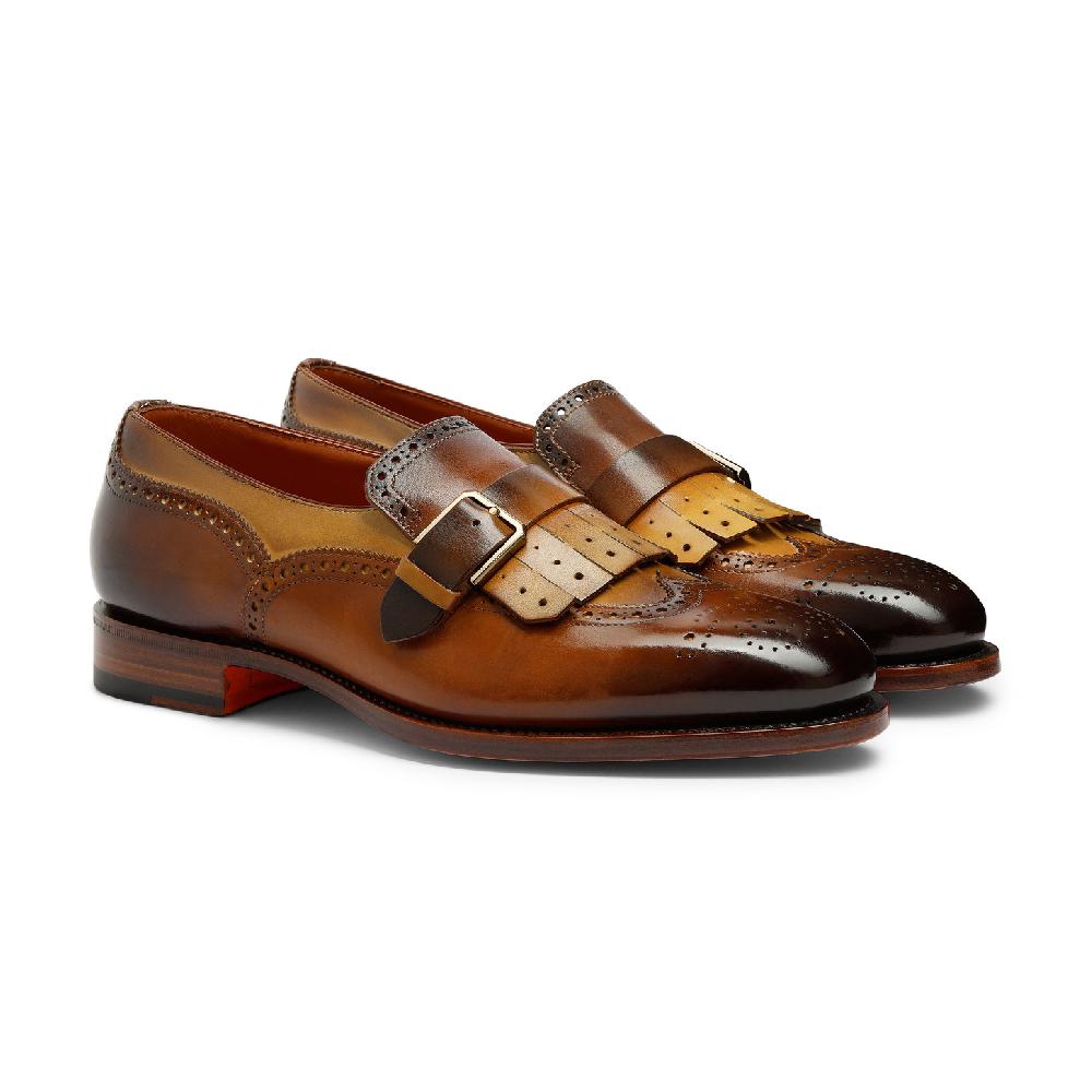 Santoni Mocassino mono fibbia con frangia da uomo in pelle marrone Nuovo