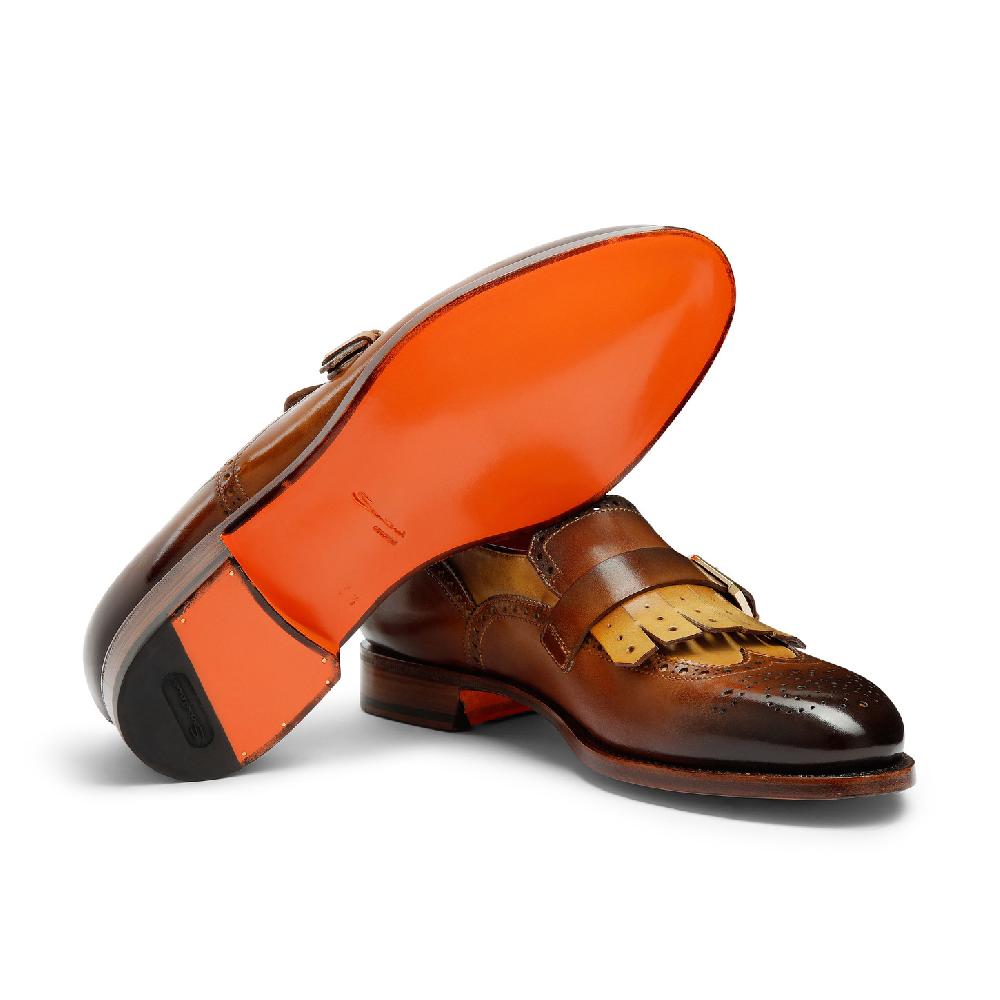 Santoni Mocassino mono fibbia con frangia da uomo in pelle marrone Nuovo