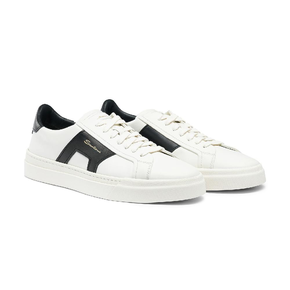 Santoni Double buckle sneaker da uomo in pelle bianca e nera Sottocosto