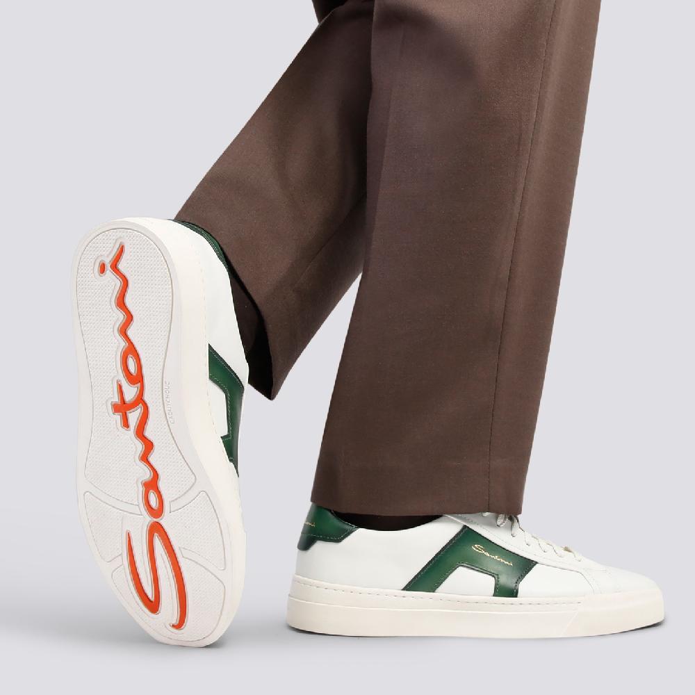 Santoni Double buckle sneaker da uomo in pelle bianca e verde Convenienza