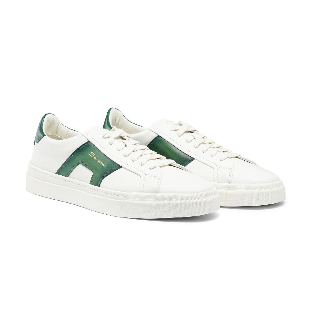 Santoni Double buckle sneaker da uomo in pelle bianca e verde Convenienza