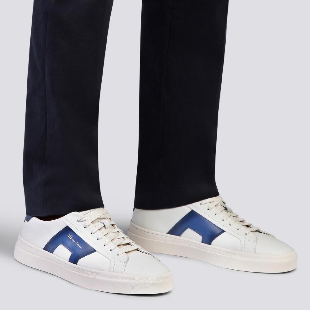 Santoni Double buckle sneaker da uomo in pelle bianca e blu Novità